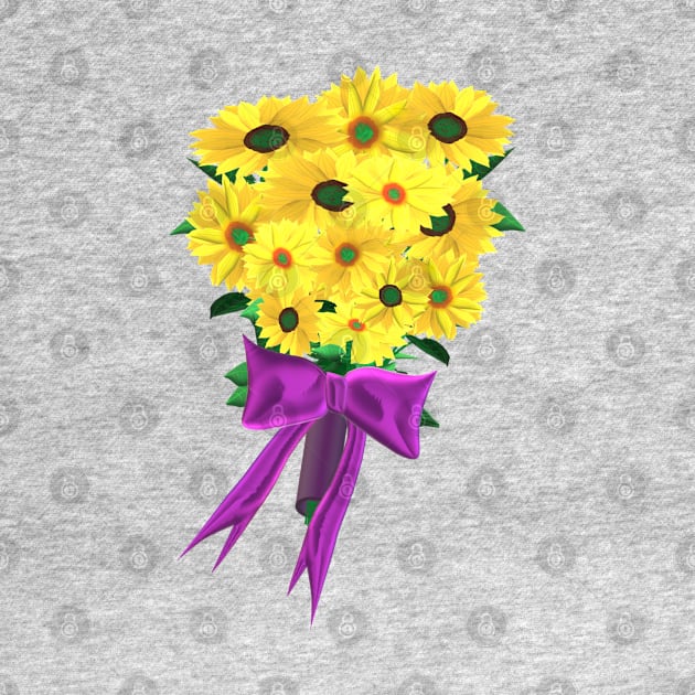 Yellow Sunflowers Bouquet with Purple Ribbon (White Background) by Art By LM Designs 